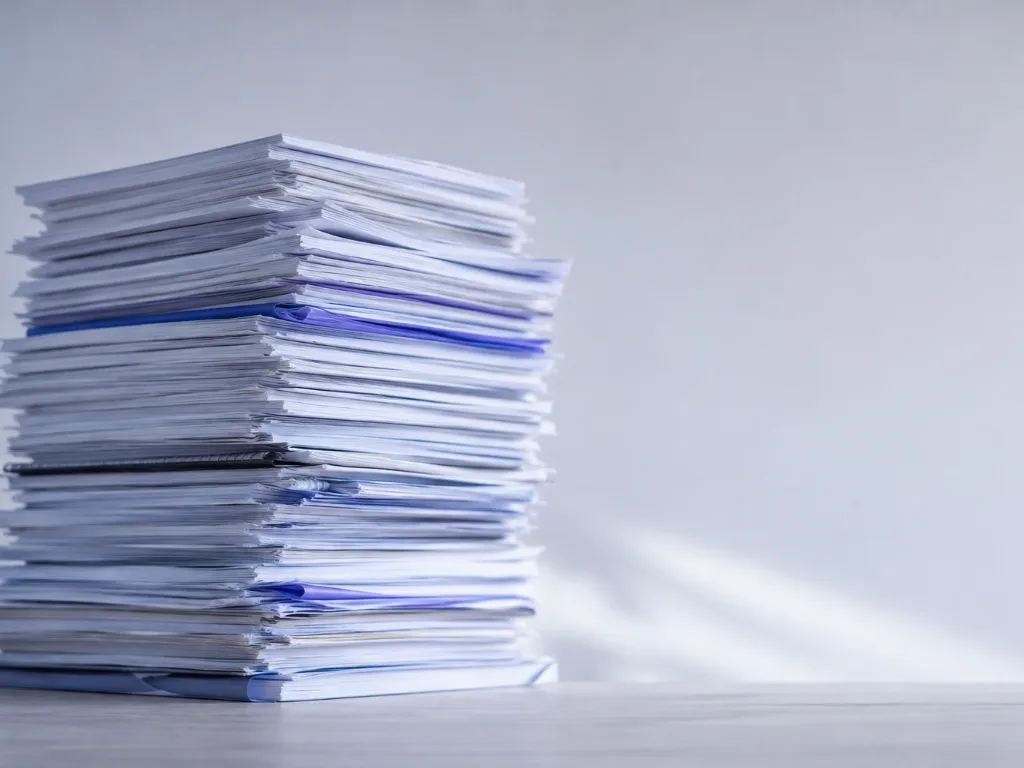 A tall stack of printed reports and papers.